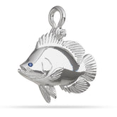 Sterling Silver Atlantic Tripletail Pendant High Polished Mirror Finish With Blue Sapphire Eye with A Mariner Shackle Bail Custom Designed By Nautical Treasure Jewelry In The Florida Keys Lobotes Surinamensis